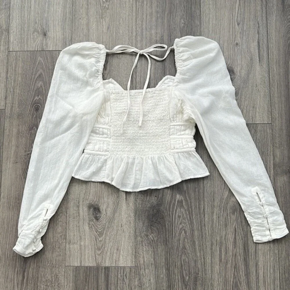 FREE PEOPLE Chloe Top XS White Puff Sleeves Smocked Cottagecore Boho Coquette